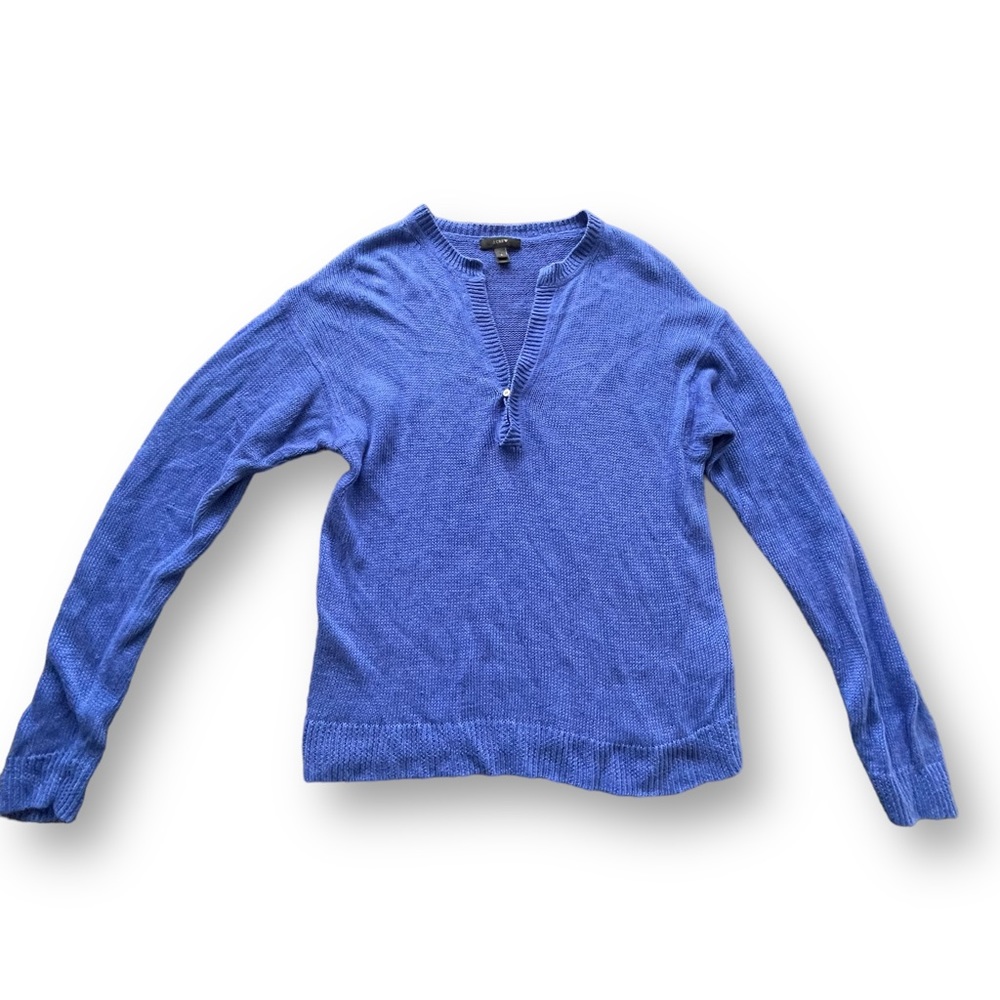 J.Crew  Blue Split Neck 100% Linen Pullover Lightweight Sweater Women's Size Med